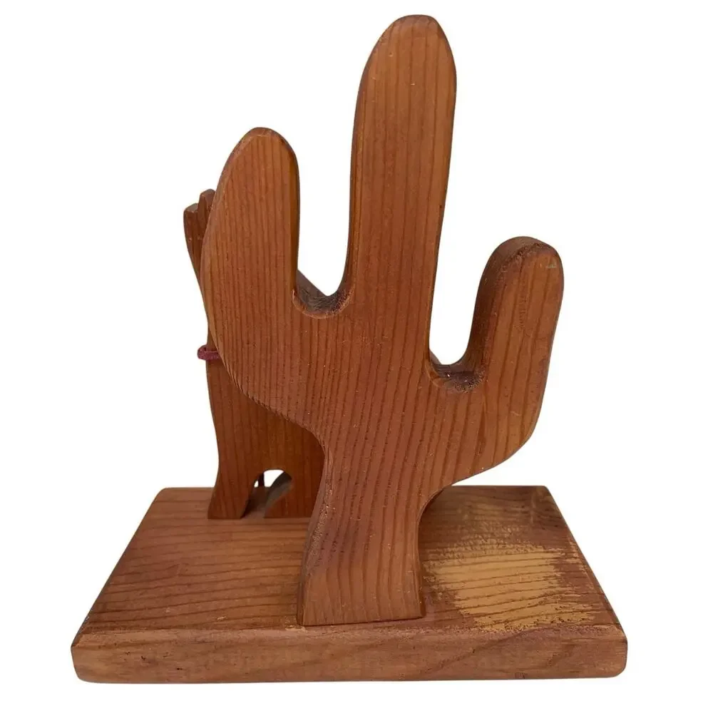 Hand Carved Wood Southwest Cactus Coyote Napkin or Bill Holder